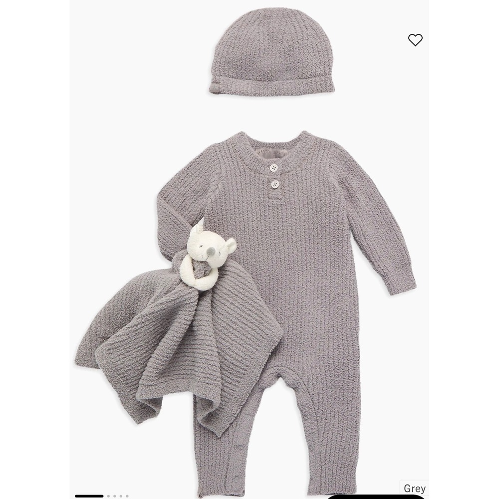 Barefoot Dreams Baby 12-18M CozyChic Jumpsuit Beanie Bear Buddy Set Dove Gray